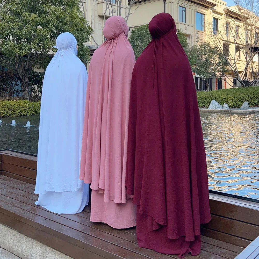 2PCS Muslim Women Modest Prayer Dress Eid Khimar Djellaba Abaya Overhead Burqa Robe Dubai Turkish Robe Kaftan Islamic Clothing