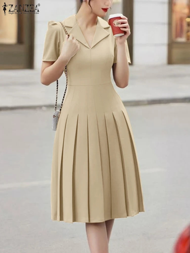 ZANZEA Elegant OL A-line Midi Dresses Women's Fashion High Waist Lapel Neck Pleated Robes Femme Short Puff Sleeve Solid Vestidos
