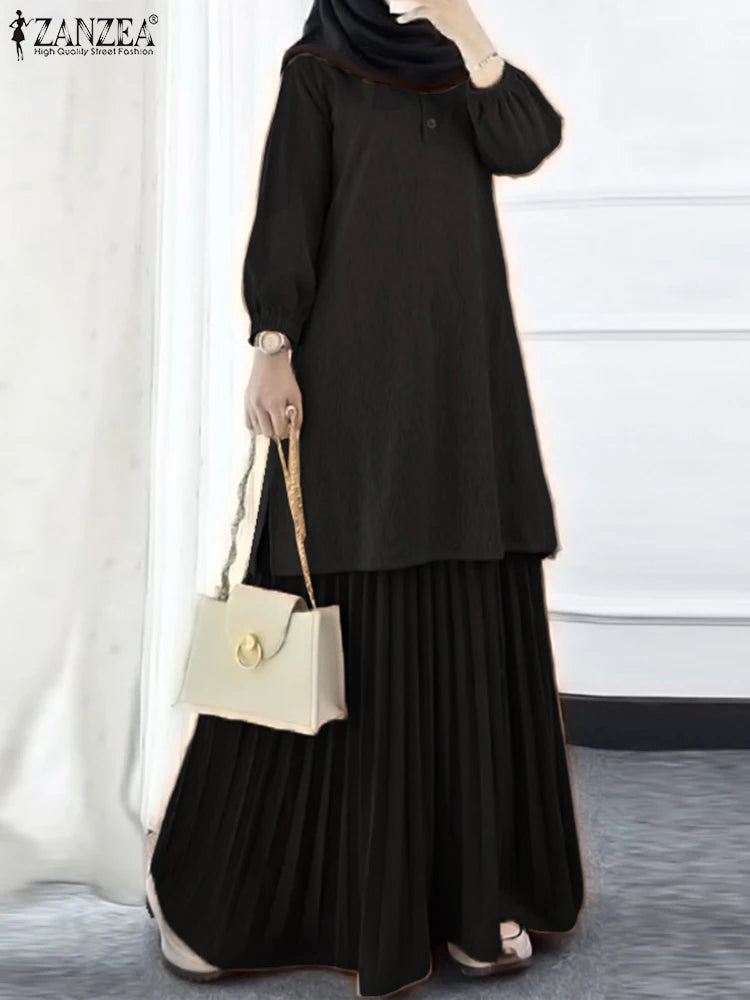 ZANZEA Muslim Autumn Two Piece Sets Women Outfits Abaya Suit Dubai Hijab Tracksuit 2025 Casual Long Sleeve Long Tops Dress Sets