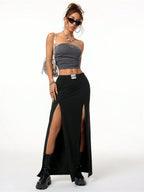 BWQ Women's Fall/Winter Streetwear Halloween Clothes Goth Letter Patch Double Slit -Black Skirt