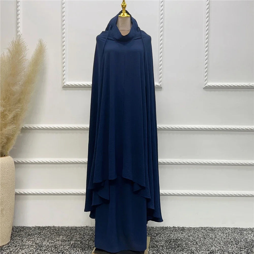 2PCS Muslim Women Modest Prayer Dress Eid Khimar Djellaba Abaya Overhead Burqa Robe Dubai Turkish Robe Kaftan Islamic Clothing