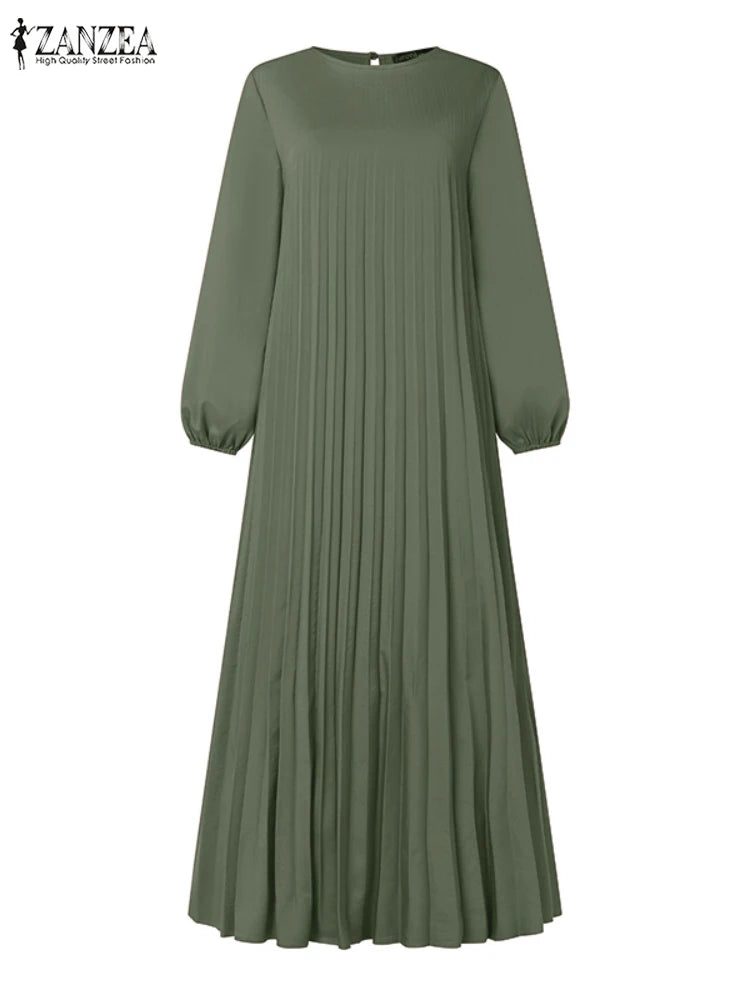 2025 ZANZEA Autumn Elegant Dresses Women O Neck Long Sleeve Sundress Muslim Dubai Abaya Robe Femme Solid Pleated Maxi Vestidos