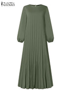 2025 ZANZEA Autumn Elegant Dresses Women O Neck Long Sleeve Sundress Muslim Dubai Abaya Robe Femme Solid Pleated Maxi Vestidos