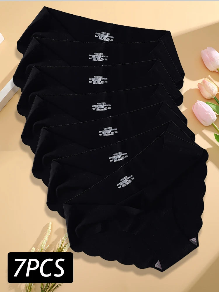 7PCS/Set Ice Silk Seamless Panties Women's Briefs Solid Color Elastic Underwear Female Ultra Thin No Trace Wavy Side Panties