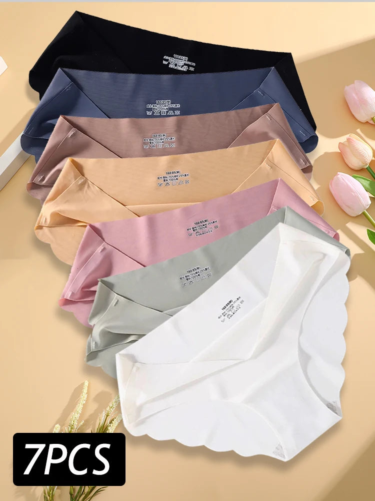 7PCS/Set Ice Silk Seamless Panties Women's Briefs Solid Color Elastic Underwear Female Ultra Thin No Trace Wavy Side Panties