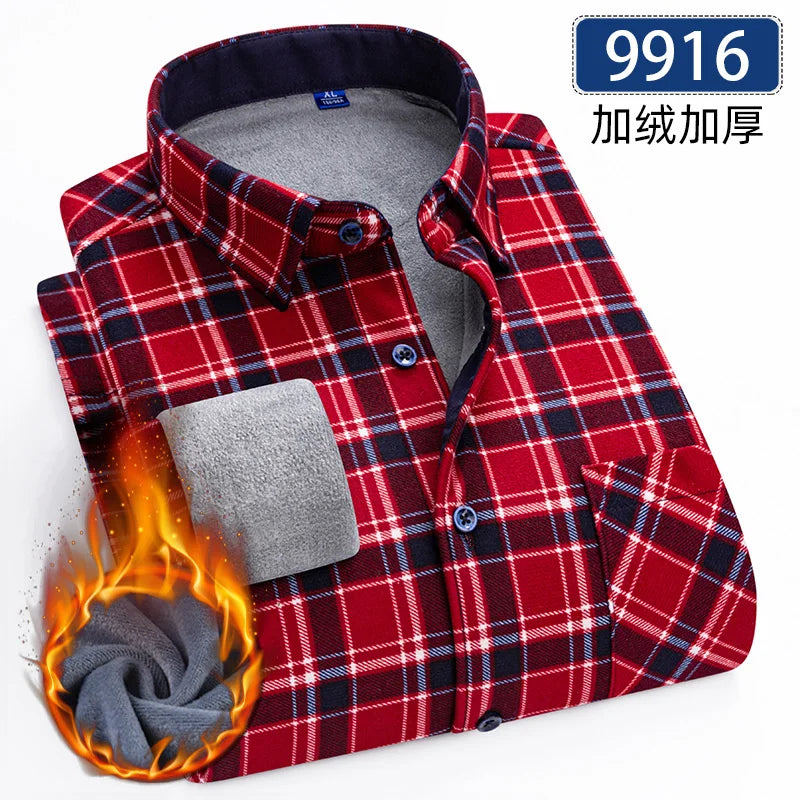 Autumn Winter Thicken Fleece Shirts For Men Business Plaid Shirt Long Sleeve Warm Clothes Male Single Pocket Classic Check Shirt