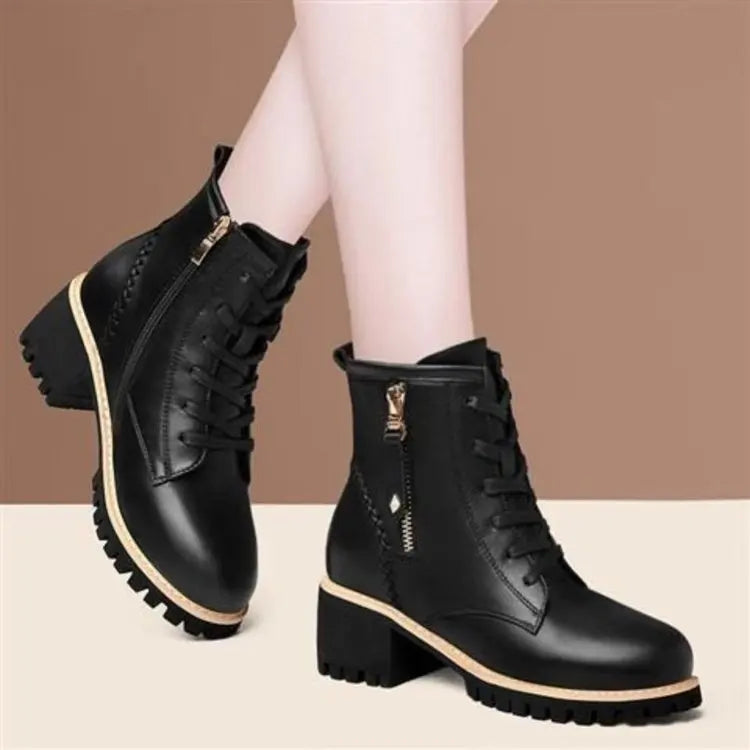 Women's Chunky Sole Ankle Boots     Lace-Up & Side-Zip Combat Boots Winter Fleece-Lined Booties Versatile Leather Boots Platfo