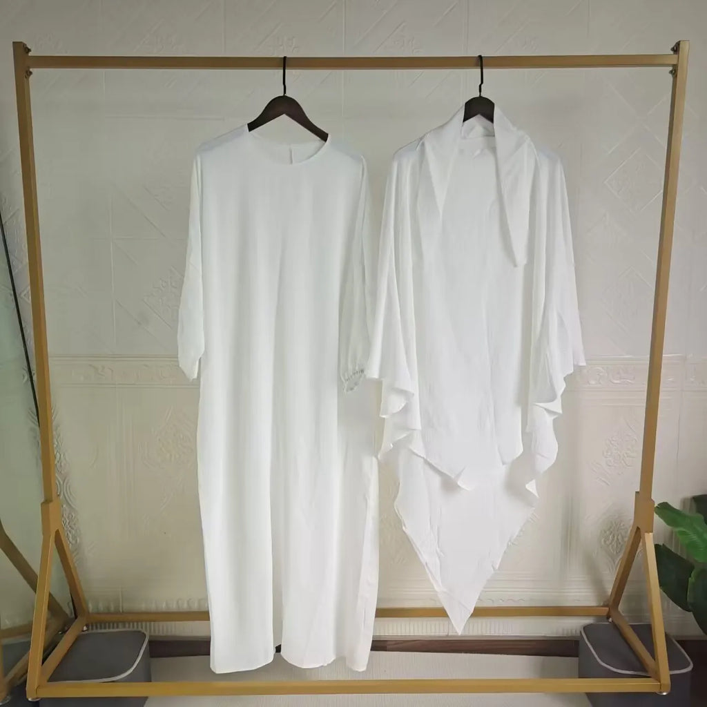 Ramadan Eid 2 Piece Set Crepe Muslim Women Prayer Garment Abaya Set Match Khimar Long Hijab Dress Islamic Clothing Niqab Kaftan