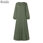 2025 ZANZEA Autumn Elegant Dresses Women O Neck Long Sleeve Sundress Muslim Dubai Abaya Robe Femme Solid Pleated Maxi Vestidos