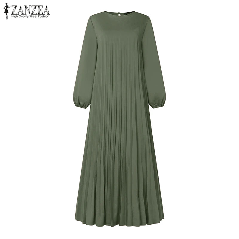 2025 ZANZEA Autumn Elegant Dresses Women O Neck Long Sleeve Sundress Muslim Dubai Abaya Robe Femme Solid Pleated Maxi Vestidos