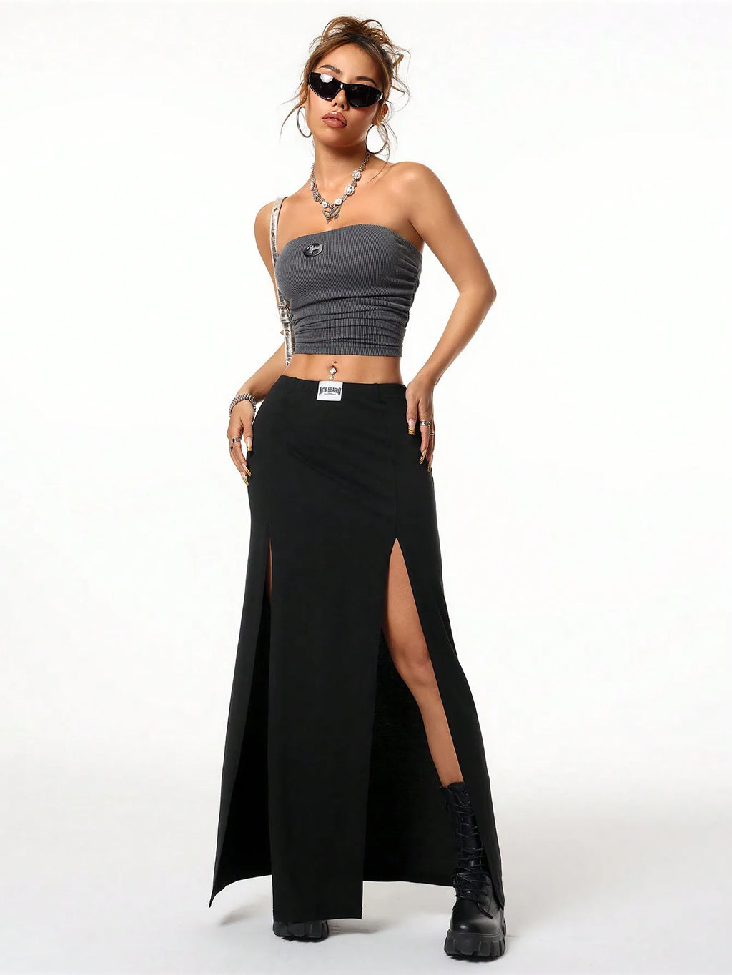 BWQ Women's Fall/Winter Streetwear Halloween Clothes Goth Letter Patch Double Slit -Black Skirt