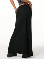 BWQ Women's Fall/Winter Streetwear Halloween Clothes Goth Letter Patch Double Slit -Black Skirt