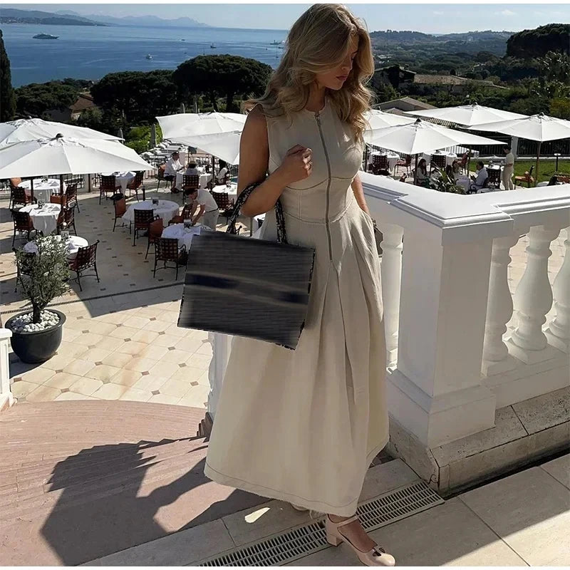 MUJER 2025 Draped Long Dresses for Women Zip Sleeveless Maxi Dress Woman Summer Holiday Womens Dresses Ruched Party Female Dress