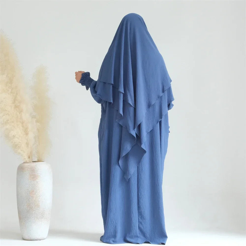 2PCS Muslim Women 2 Layer Hijab Dress Set Islamic Clothing Dubai Turkey Abaya Kaftan Eid Ramadan Djellaba Burqa Khimar Jalabiya