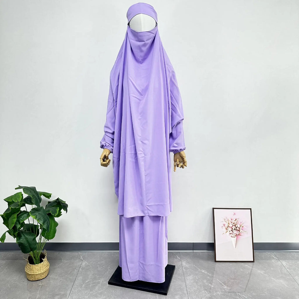 2PCS Women Eid Hooded Muslim Hijab Dress Set Prayer Garment Robes Abaya Khimar Full Cover Ramadan Gown Abayas Islamic Clothing