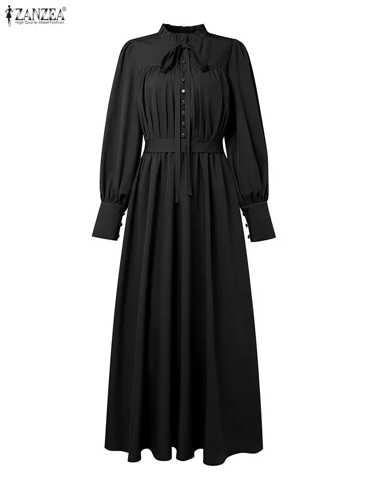 ZANZEA Women Luxury Maxi Dresses Elegant Modest Ruffled Collar Tied Waist Long Sleeve Long Dress Muslim Hijabs Abaya Robes S-3XL