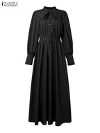 ZANZEA Women Luxury Maxi Dresses Elegant Modest Ruffled Collar Tied Waist Long Sleeve Long Dress Muslim Hijabs Abaya Robes S-3XL