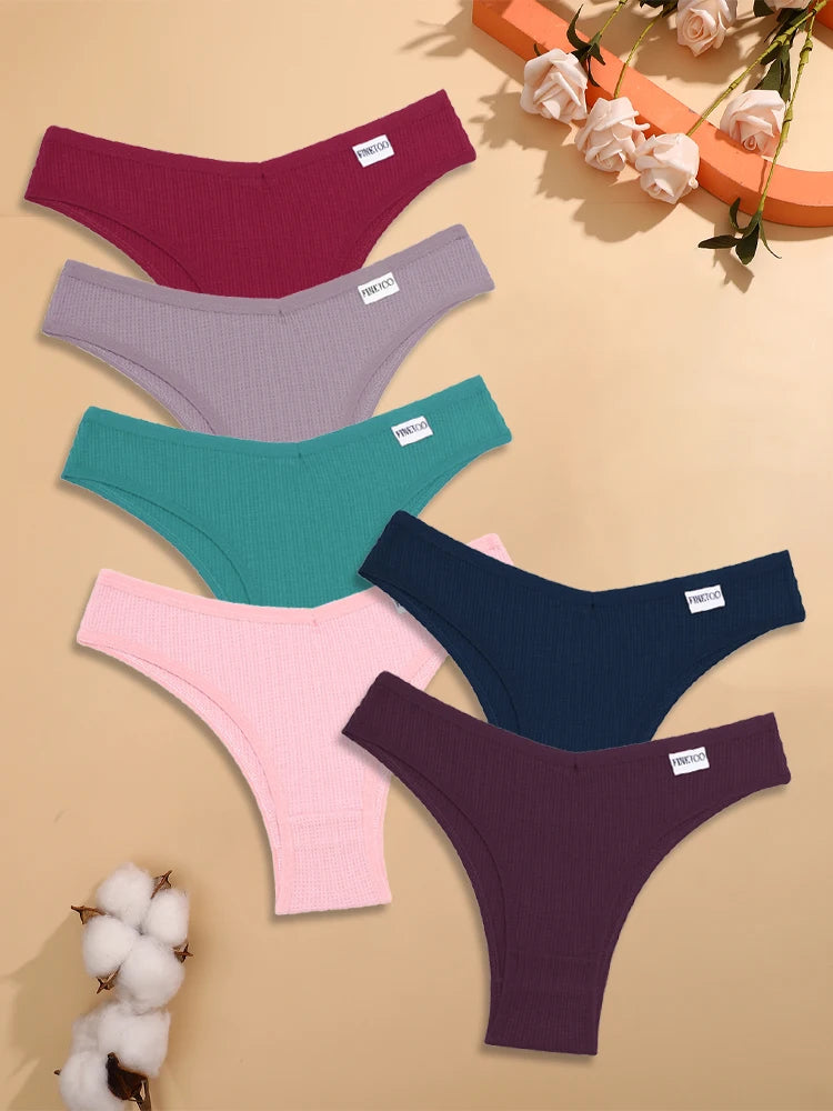 6PCS/Set Cotton Waffle Underwear for Women Sexy Low-Waist Brazilian Panties Female Breathable Solid Color Soft Lingerie Bikini