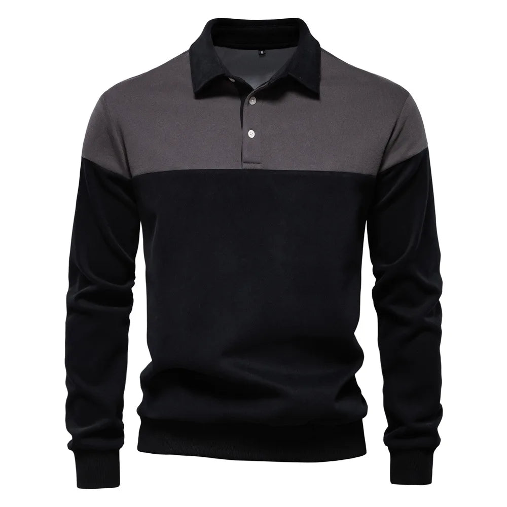 2025 New Arrival Long-Sleeve Polo-Collar Sweatshirt for Men, High-Quality Patchwork Casual Top