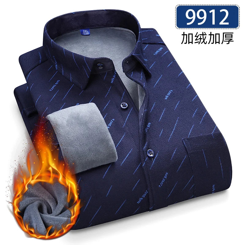 Autumn Winter Thicken Fleece Shirts For Men Business Plaid Shirt Long Sleeve Warm Clothes Male Single Pocket Classic Check Shirt