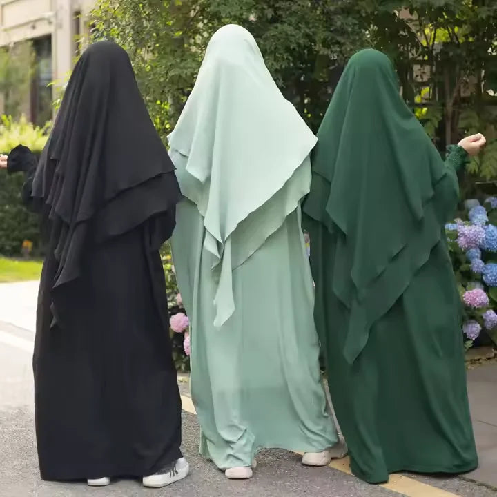 2PCS Muslim Women 2 Layer Hijab Dress Set Islamic Clothing Dubai Turkey Abaya Kaftan Eid Ramadan Djellaba Burqa Khimar Jalabiya