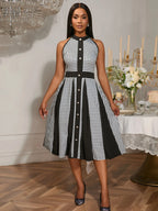 2025 Fashion Stretch Retro Elegant Dress Houndstooth Neck Sleeveless Waisted Single-breasted Large Swing Mid-length Dress