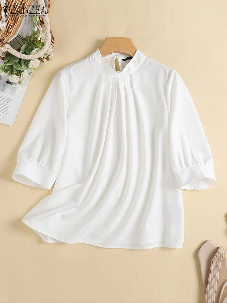 ZANZEA Fashion Stand Collar Blouse Woman 3/4 Sleeve Solid Color Tunic Tops Female Casual Loose Shirt Elegant Party Blusas Mujer