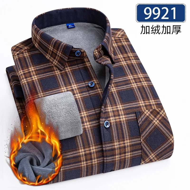 Autumn Winter Thicken Fleece Shirts For Men Business Plaid Shirt Long Sleeve Warm Clothes Male Single Pocket Classic Check Shirt