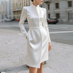 Krisstargirls Women's White Formal Evening Dress 2026 New High-Low Pockets Simple Banquet Midi Dresses for Urban Office Ladies