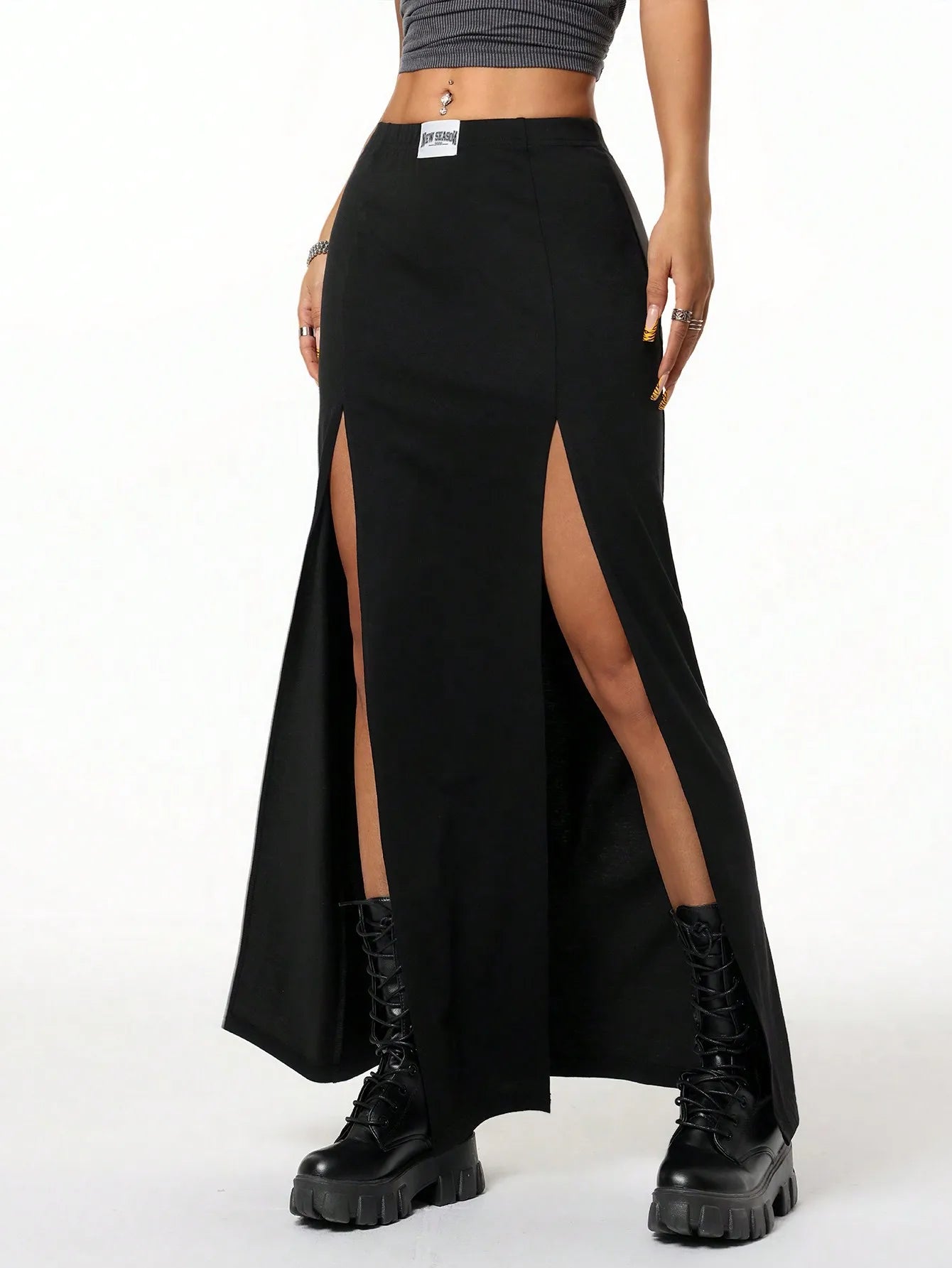 BWQ Women's Fall/Winter Streetwear Halloween Clothes Goth Letter Patch Double Slit -Black Skirt