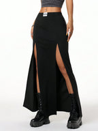 BWQ Women's Fall/Winter Streetwear Halloween Clothes Goth Letter Patch Double Slit -Black Skirt