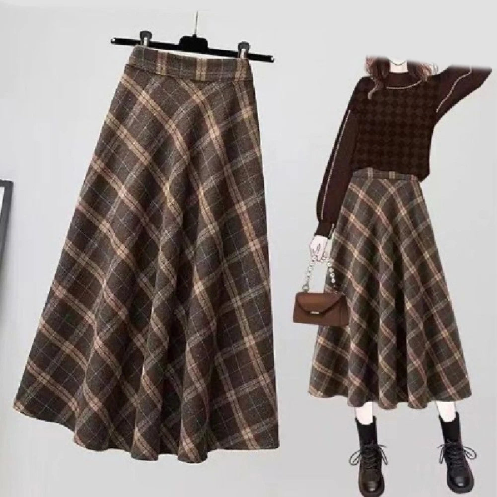 Women's Plaid Skirt Vintage A-line Large Swing Skirt High-Waisted Long Skirt