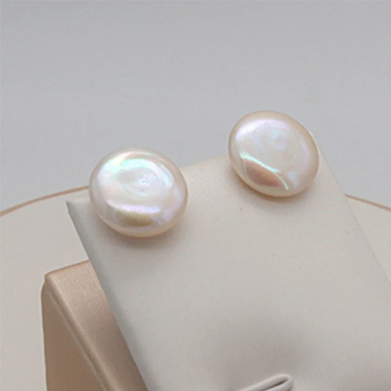 Women Big Baroque Button Pearl Earrings Freshwater Cultured Biwa Coin Pearls 925 Sterling Silver Mounts Stud Earrings Jewelry