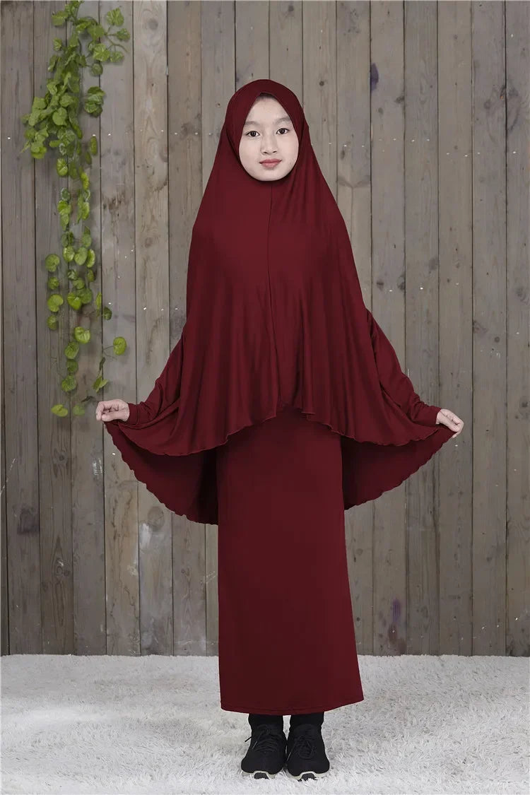 Muslim Prayer Garment for Kids, Child Dress, Overhead Caftan, Khimar Skirts, Islamic Full Cover Hijab, Abaya Arab Robe, 2 Piece