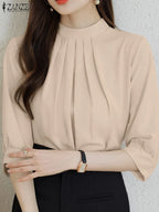 ZANZEA Fashion Stand Collar Blouse Woman 3/4 Sleeve Solid Color Tunic Tops Female Casual Loose Shirt Elegant Party Blusas Mujer