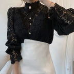 Vintage Solid White Lace Blouse Shirts Women New Korean Button Loose Shirt Tops Female Hollow Casual Ladies Blouses Blusas