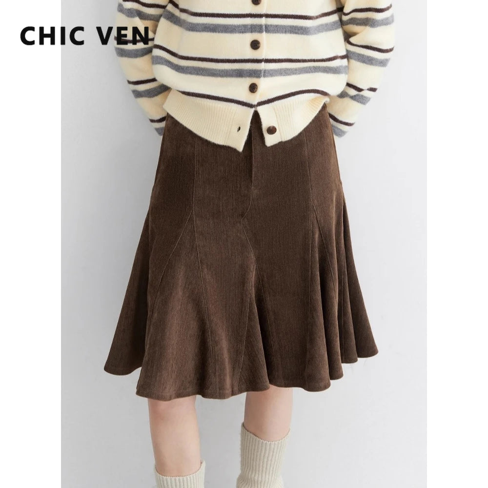 CHIC VEN Fashion Women Skirts Solid High Waisted A-line Hip Hugging Fish Tail Office Ladies Slim Half Skirt Autumn Winter 2025