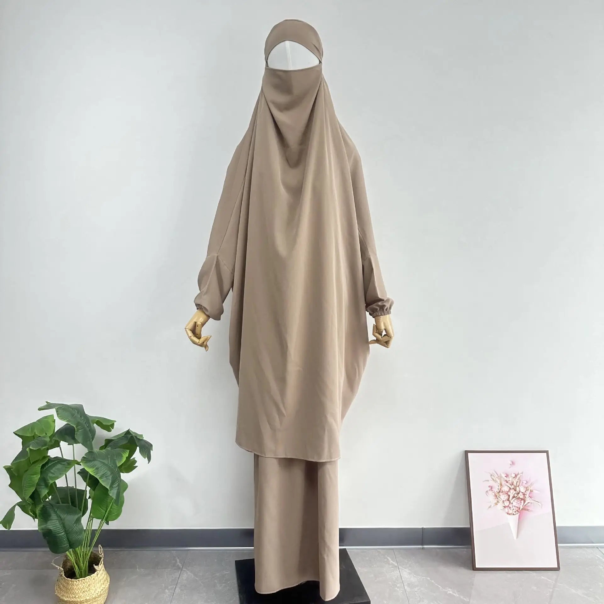 2PCS Women Eid Hooded Muslim Hijab Dress Set Prayer Garment Robes Abaya Khimar Full Cover Ramadan Gown Abayas Islamic Clothing