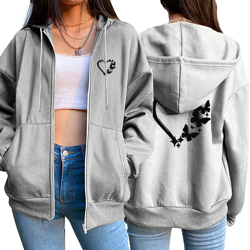 Fashion Womens Hoodies Coat Heart Printed Casual Zipper Jacket Jogging Sweatpants Daily Sports Clothing 2025 Quality Streetwear