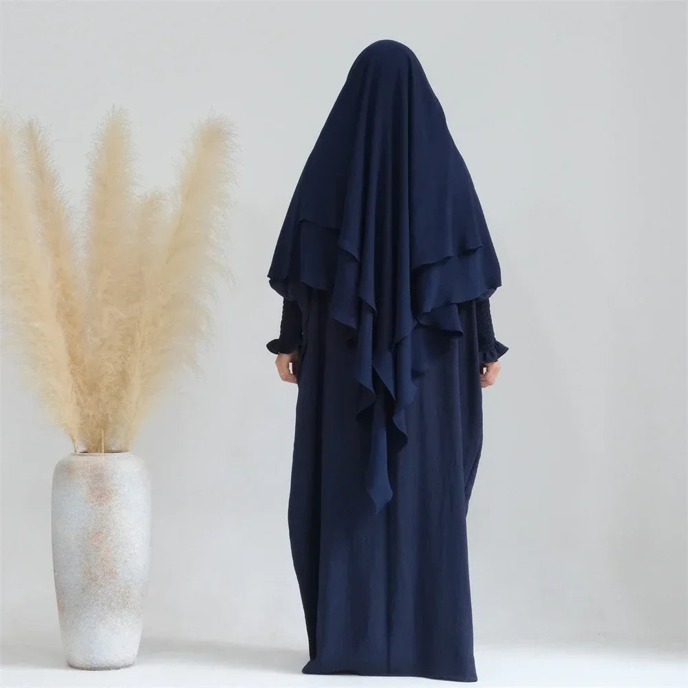 2PCS Muslim Women 2 Layer Hijab Dress Set Islamic Clothing Dubai Turkey Abaya Kaftan Eid Ramadan Djellaba Burqa Khimar Jalabiya