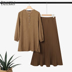 ZANZEA Muslim Autumn Two Piece Sets Women Outfits Abaya Suit Dubai Hijab Tracksuit 2025 Casual Long Sleeve Long Tops Dress Sets