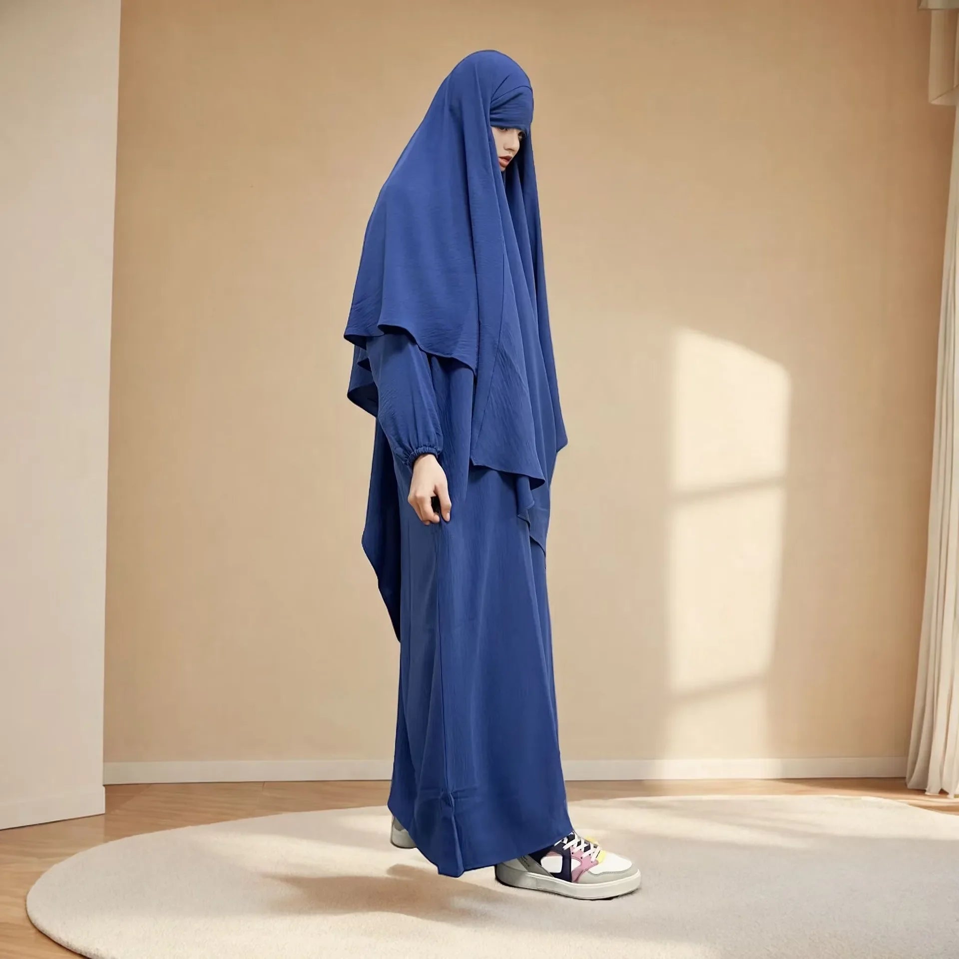 Ramadan Eid 2 Piece Set Crepe Muslim Women Prayer Garment Abaya Set Match Khimar Long Hijab Dress Islamic Clothing Niqab Kaftan