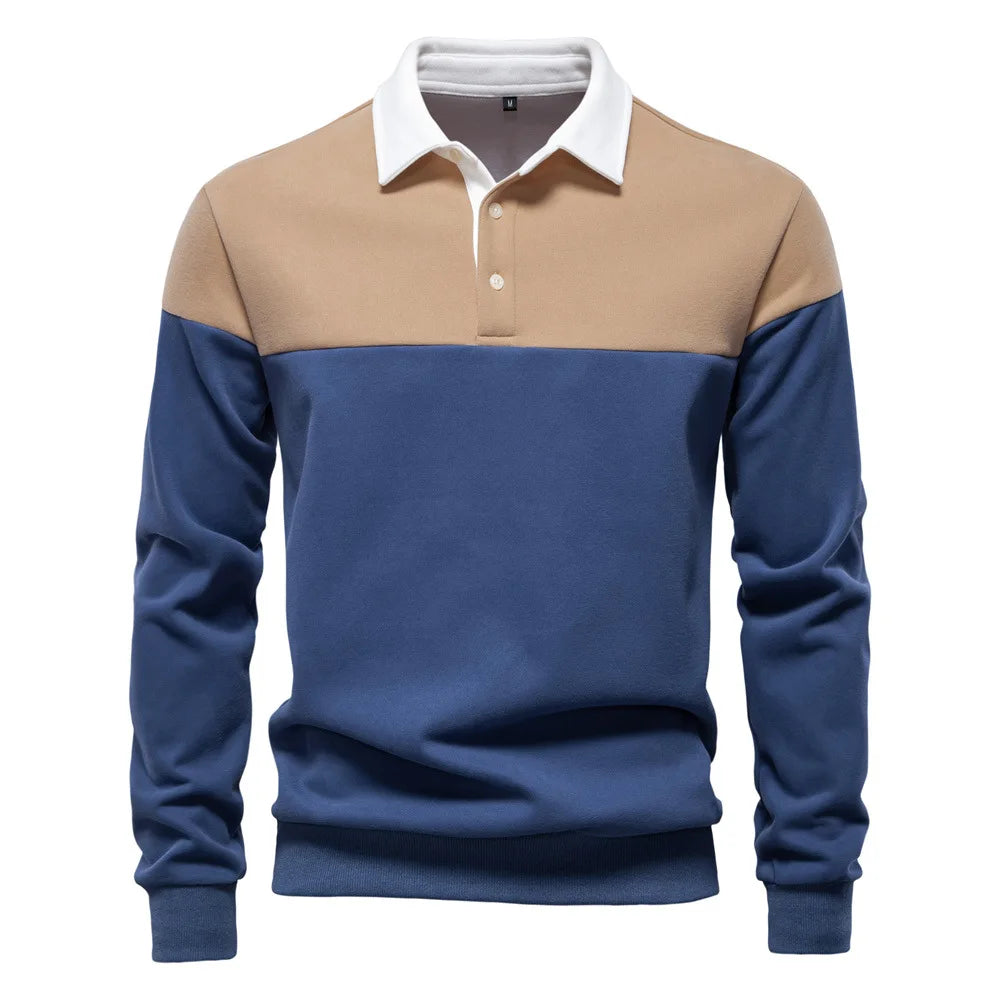 2025 New Arrival Long-Sleeve Polo-Collar Sweatshirt for Men, High-Quality Patchwork Casual Top