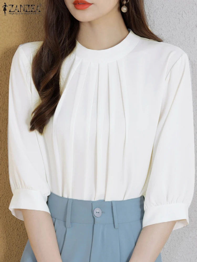 ZANZEA Fashion Stand Collar Blouse Woman 3/4 Sleeve Solid Color Tunic Tops Female Casual Loose Shirt Elegant Party Blusas Mujer