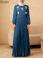 Stylish Women Patchwork Dresses 2026 ZANZEA Fashion Party Dress Spring Long Sleeve Bows Pleated Sundress Muslim Abaya Robe Femme
