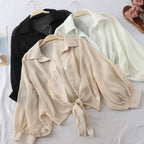 2025 Summer Half Sleeve Buttoned Up Shirt Loose Casual Blouse Chiffon Shirts Women Tied Waist Elegant Blouses for Women 9776