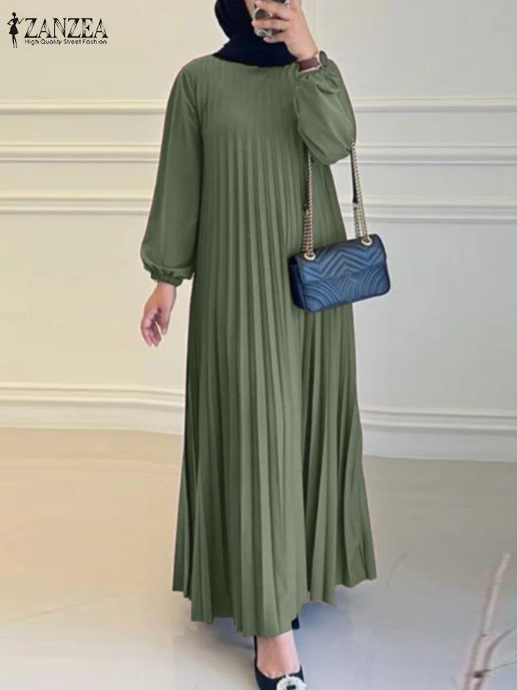 2025 ZANZEA Autumn Elegant Dresses Women O Neck Long Sleeve Sundress Muslim Dubai Abaya Robe Femme Solid Pleated Maxi Vestidos
