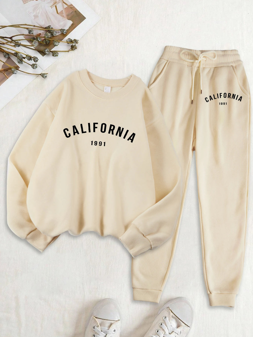 Califirnia Letter 1991 Print Women Soft Sweatshirt Set Street O-Neck Tracksuit Autumn All-Match Clothes Casual Fleece Sweatpant