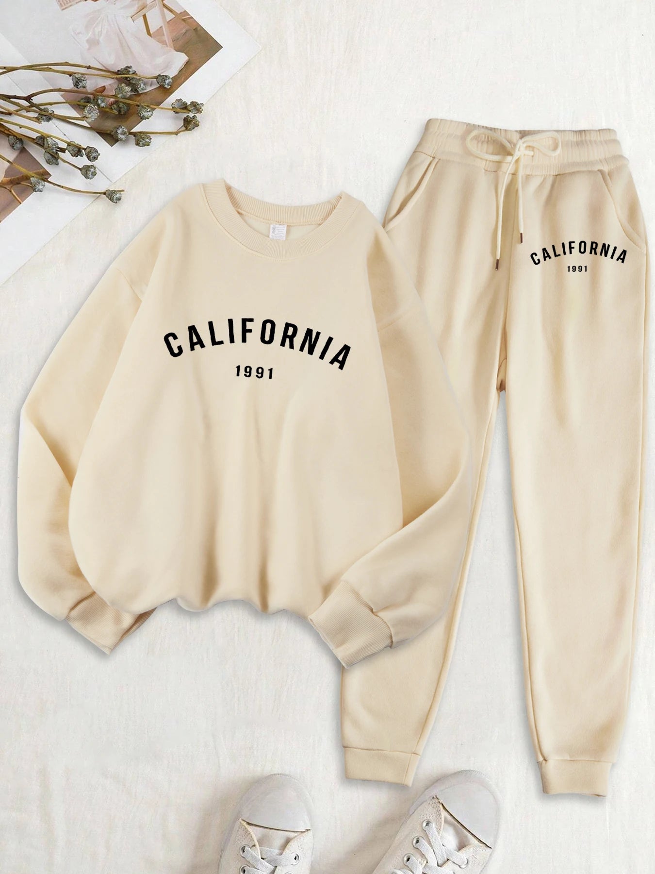 Califirnia Letter 1991 Print Women Soft Sweatshirt Set Street O-Neck Tracksuit Autumn All-Match Clothes Casual Fleece Sweatpant