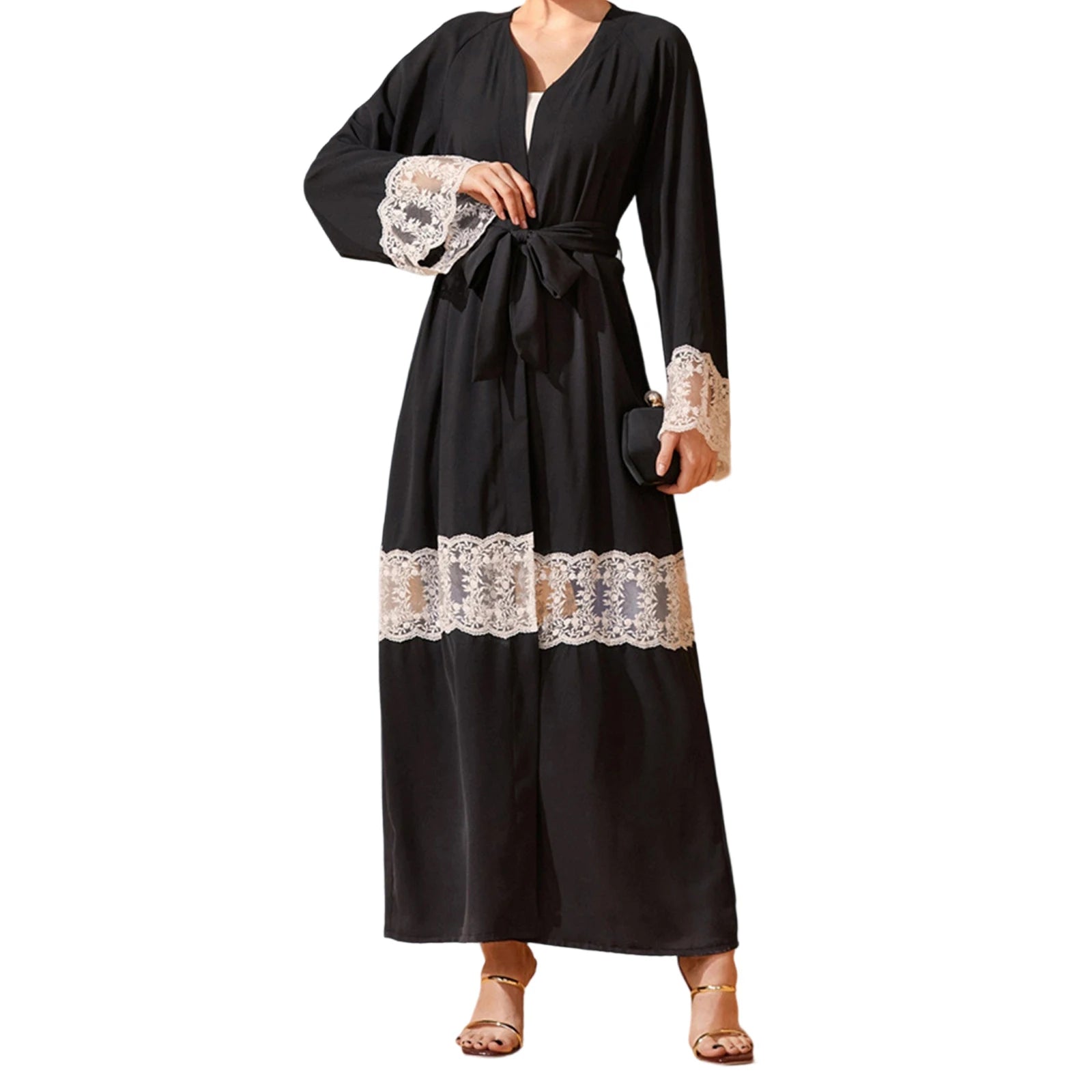 Elegant Floral Embroidered Abaya with Belt and V-Neck Design Long Sleeves Islamic Prayer Dress for Women Stylish Arabic Robe